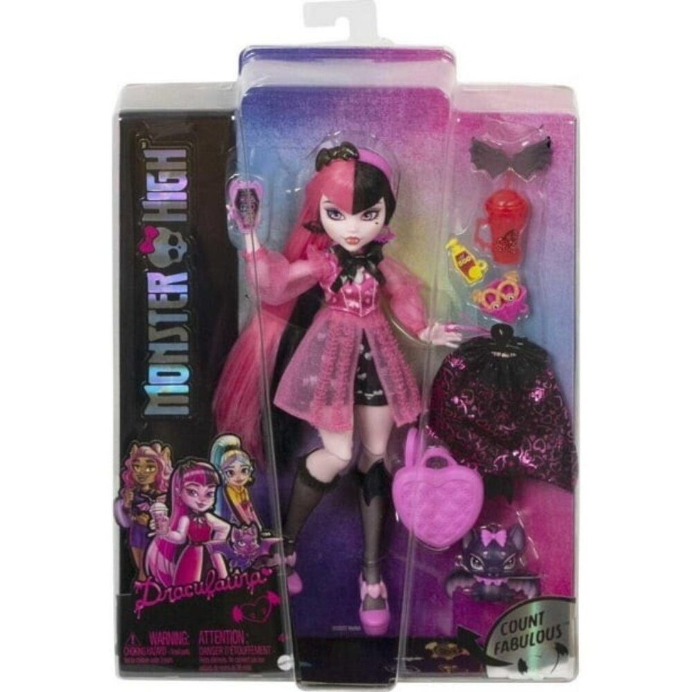 Mattel Monster Draculaura Doll with Pink and Black Hair, Pet and Accessories